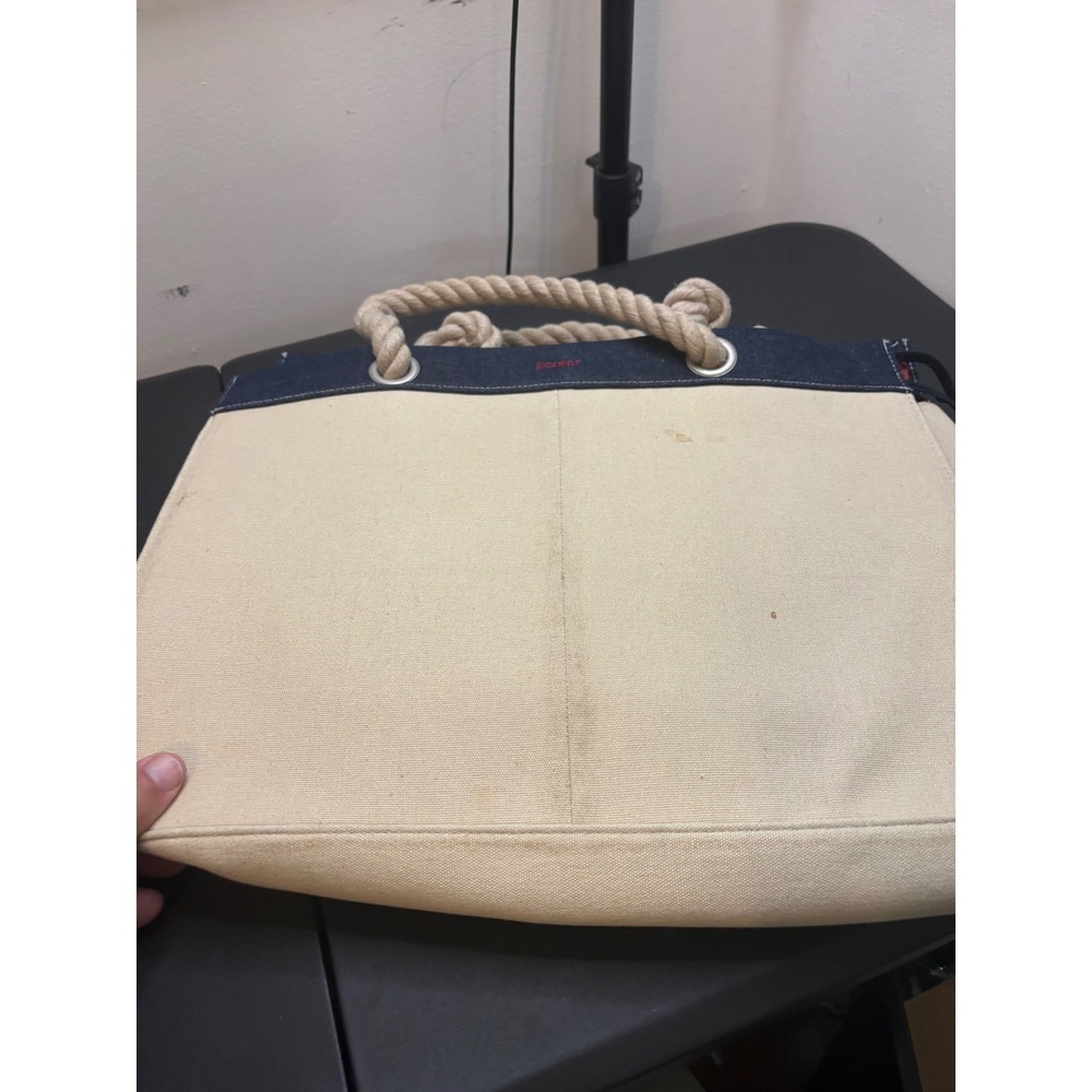 Vintage Esprit De Corp Canvas Tote Bag Cream Denim Rope Handle Nautical Beachbag